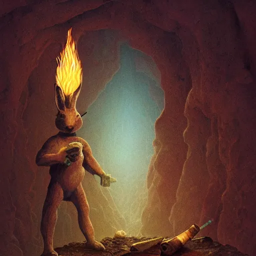 Prompt: humanoid rabbit chief holding torch in cave, character design, art by zdzislaw beksinski, by tiffany bozic, cold hue's, warm tone gradient background, concept art, beautiful composition, digital painting