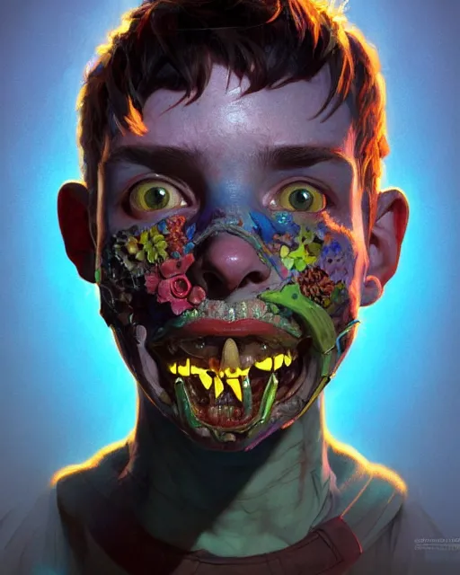 Prompt: portrait of a patchwork boy, bioluminescent, horror, expressive, asymmetrical art, highly detailed, concept art, cinematic, hyperrealism, epic, art by stanley lau and artgerm and magali villeneuve and alphonse mucha and pixar, artstation, octane render, cgsociety