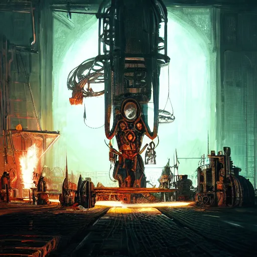 Image similar to adeptus mechanicus techpriest at a forge, by cedric peyravernay and feng zhu, highly detailed, excellent composition, cinematic concept art, dramatic lighting, trending on artstation