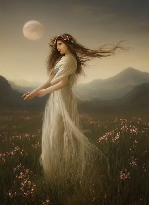 Image similar to oil painting portrait of a young woman with long dark flowing hair in a dress made of white flowers, dancing levitating floating over a field of flowers at sunset with mountains in the background, hazy, digital art, chiaroscuro, artstation, cinematic, golden hour, digital art painting by greg rutkowski, bouguereau, japanese scifi, hazy atmosphere, flowers, cinematic lighting