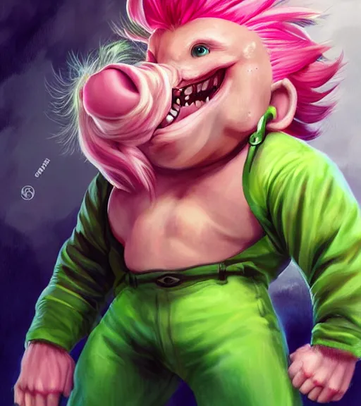 Prompt: portrait of'tomba!'with male with pink hair and green pants, attacking evil pig by ross tran, artgerm and wlop