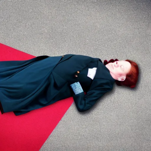 Image similar to margaret thatcher lying beneath a busy paved road
