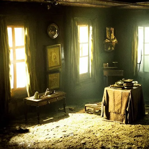 Image similar to room of a dark mansion, objects from ritual in the ground, realistic, highly detailed, guillermo del toro