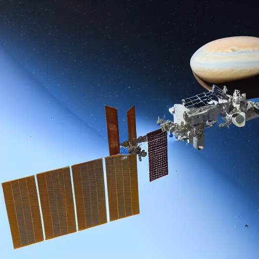 Image similar to modern space station in orbit around jupiter, io is in the background, computer render, 3 d render, animation, concept, high quality
