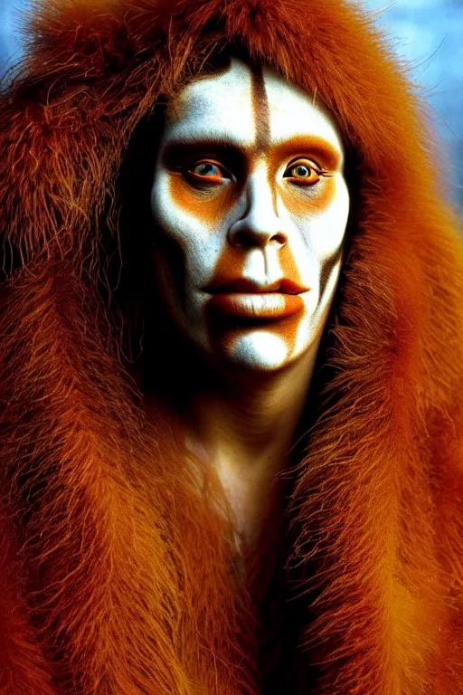 Image similar to a professional portrait photo of a neanderthal woman forest, face paint, ginger hair and fur, extremely high fidelity, natural lighting, national geographic magazine cover, still from the movie quest for fire