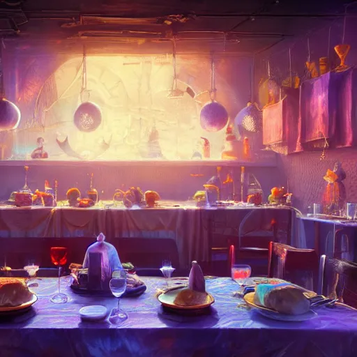 Image similar to The restaurant at the end of the universe, fantasy, vivid colors, elegant, concept art, sharp focus, digital art, Hyper-realistic, 4K, Unreal Engine, Highly Detailed, HD, Dramatic Lighting by Brom, trending on Artstation