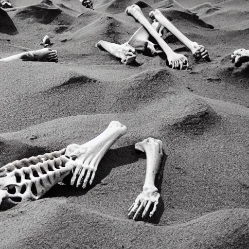 Image similar to grainy 1970s photo on expired film depicting human bones coming out of the sand on planet mars