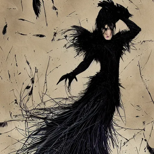 Image similar to jennifer connelly as odile the black swan, gray skin, wearing black hooded cloak, black feathers instead of hair, black feathers growing out of skin, bumpy skin, screaming, losing control, black feathers growing out of face, black hands with black claws, highly detailed, comic book, romantic, mike mignogna, david mack, trending on artstation