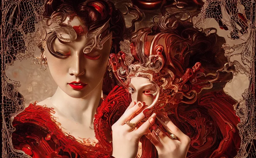 Image similar to a dark baroque close - up portrait of an ornate red and white porcelain being made out of white sci - fi vitrified translucent ceramic marble ; china. reflective detailed textures. gloomy black background. highly detailed fantasy science fiction painting by moebius, norman rockwell, frank frazetta, and syd mead. rich colors, high contrast. artstation