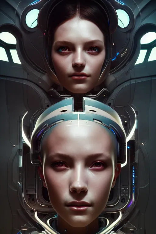 Prompt: ultra detailed, the creation of a female android, sci - fi, eerie, cyborg, cyberpunk, fantasy, triadic color scheme, octane render, matte painting, asymmetrical, intricate concept art, triadic color scheme, art by artgerm and michelangelo and dzo and greg rutkowski and alphonse mucha and wlop