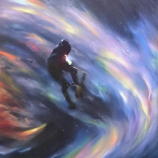 Image similar to a man zooming through the fabric of space, dramatic oil painting, detailed