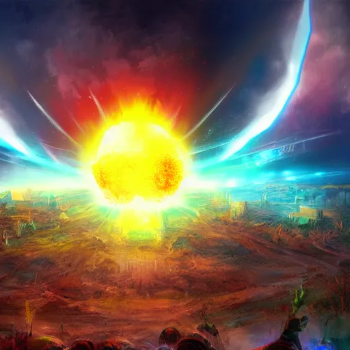 Image similar to Concept art for the earth exploding. Trending on art station, bright colors, lens flare.