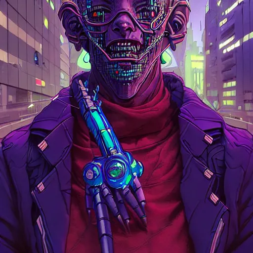 Image similar to A cyberpunk demon cyborg on the street of a cyberpunk city art by Josan Gonzalez, sci-fi, highly detailed, digital painting, artstation, smooth, sharp focus, illustration, concept art by Josan Gonzalez and James Gurney and Mœbius