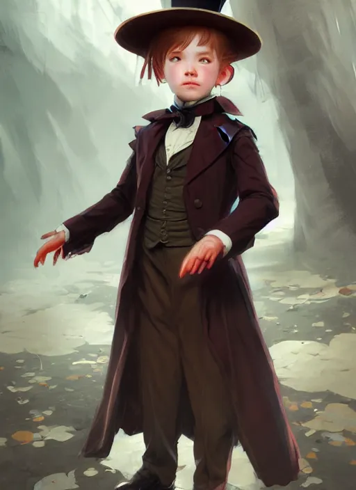 Image similar to character concept art of a victorian child magician, key visual, realistic shaded perfect face, fine details, dystopian environment and background, by stanley artgerm lau, wlop, rossdraws, james jean, andrei riabovitchev, marc simonetti, and sakimichan, trending on artstation