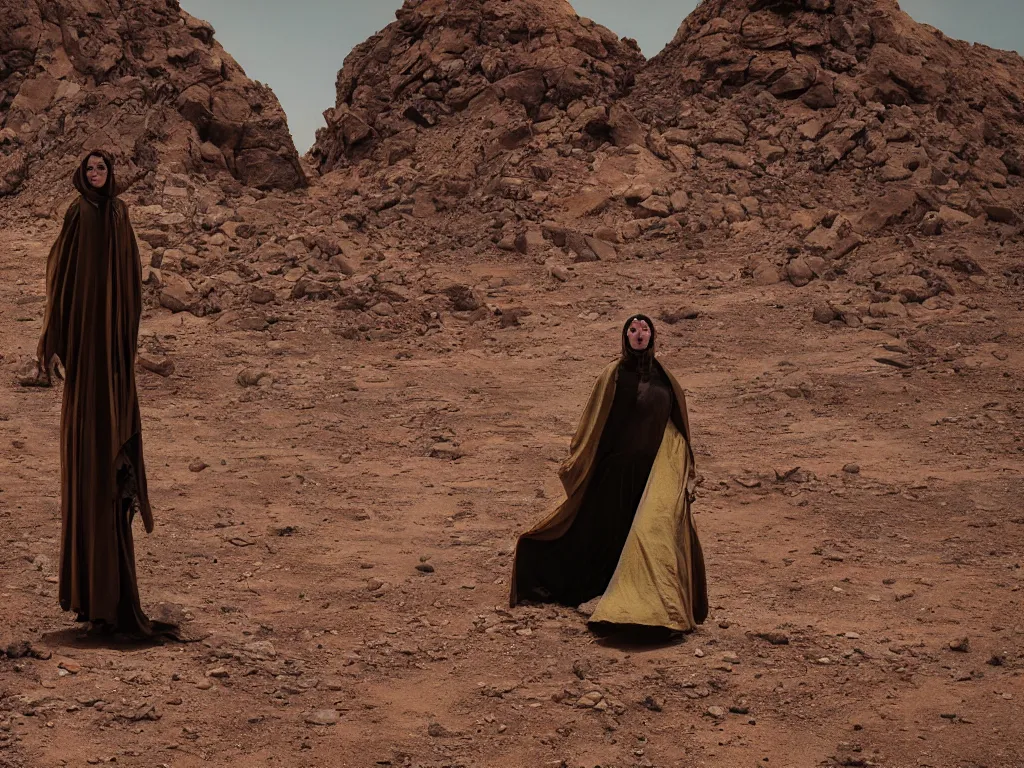 Prompt: levitating glowing bene gesserit in full - face golden mask in a dry rocky desert landscape, sunny atmosphere, fata morgana giant mirrors, portal, death stranding, abandoned city, spaceship in the sky by christopher doyle and alejandro jodorowsky, anamorphic lens, kodakchrome, cinematic composition, very detailed photo, complex structures, 8 k,