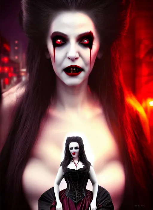 Image similar to realistic matte painting, full length portrait, the vampire duchess of blood owns the las vegas strip, night, fangs, highly detailed, CGsociety, concept art, HDR, hyper realistic, volumetric lighting, subsurface scattering, unreal,