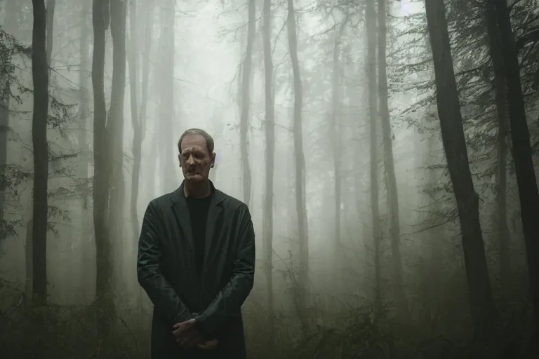 Image similar to a cinematic headshot portrait of a skinny evil male scientist, in a spooky forest, fog, portrait, portrait, portrait, shrubbery, 8 k, detailed, backlight, deep focus, movie still, moody lighting, by werner herzog