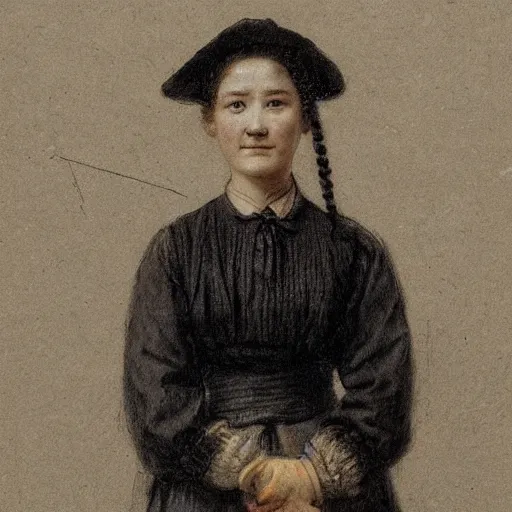 Prompt: a sadly smiling black haired, young hungarian village maid from the 19th century who looks very similar to Lee Young Ae with a two braids, detailed, sketch by Rembrandt, Csók István and da Vinci