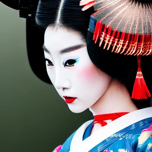 Image similar to fashion model geisha wearing traditional japanese clothing with traditional make up looking into lens