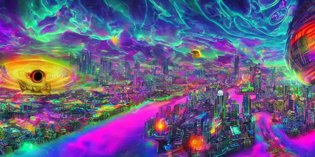 Image similar to psychedelic alien cityscape, photorealistic, hyperrealistic, futuristic, in style of Lisa Frank, cosmic, holographic, 4K, UHD, HDR