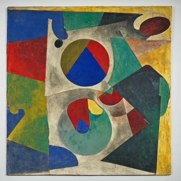 Image similar to an abstract artwork by max ernst, leonora carrington and kurt schwitters, mix of geometric and organic shapes, both bright and earth colors
