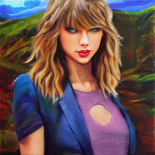 Prompt: taylor swift on the side of a mountain, oil painting, landscape low - angle