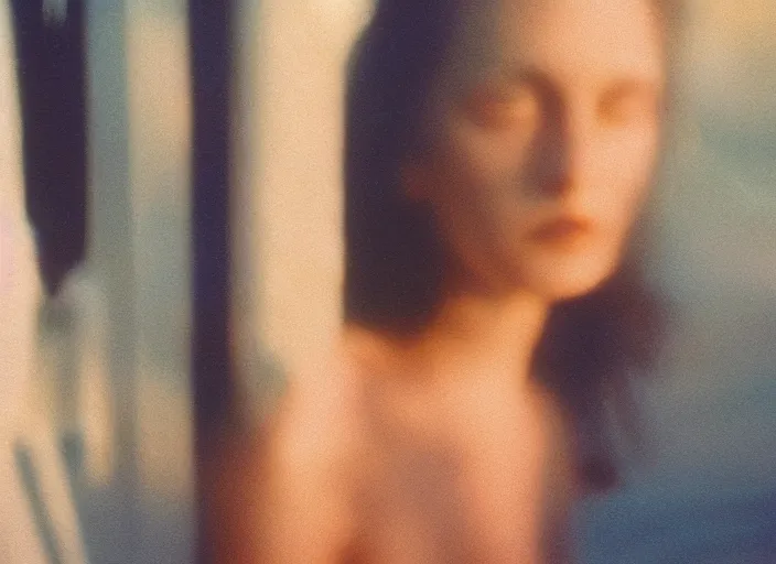 Prompt: close-up color film photography 1970 of woman in style of nan goldin, soft focus, golden hour, soft light, 35mm, film photo