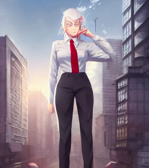 Image similar to a girl in a business suit, close up, sharp focus, red necktie, grey hair, serious expression, full body shot, pixiv, city background, digital painting, by tran ross and jordan grimmer and greg rutkowski, anime art, artstation, hd, smooth,