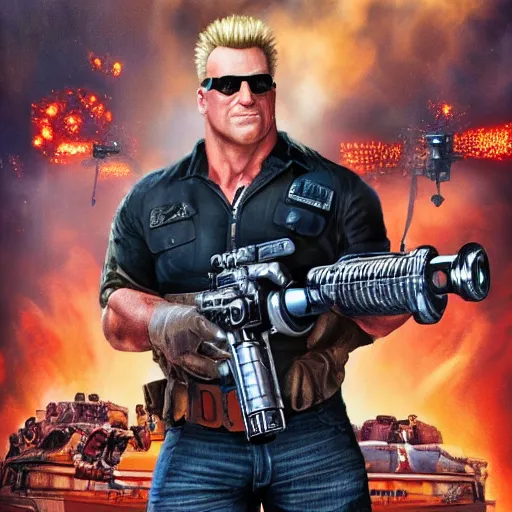 Prompt: UHD candid photo of Duke Nukem holding a Gatling gun in a crowded theater, accurate faces, UHD, photorealistic, correct face, photo by Annie Leibowitz