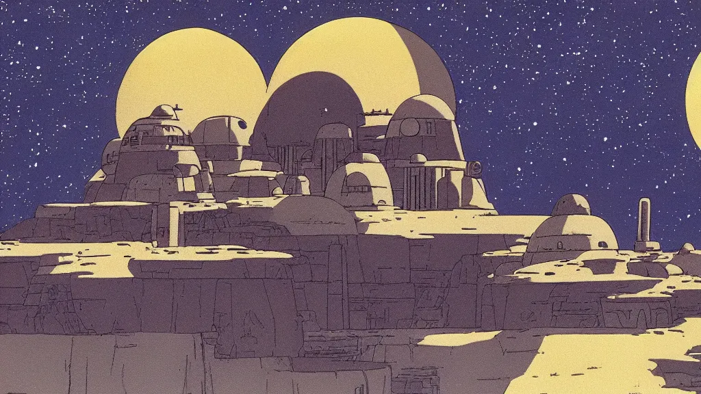 Image similar to film still tatooine landscape Star Wars a new hope 1977 studio ghibli animation