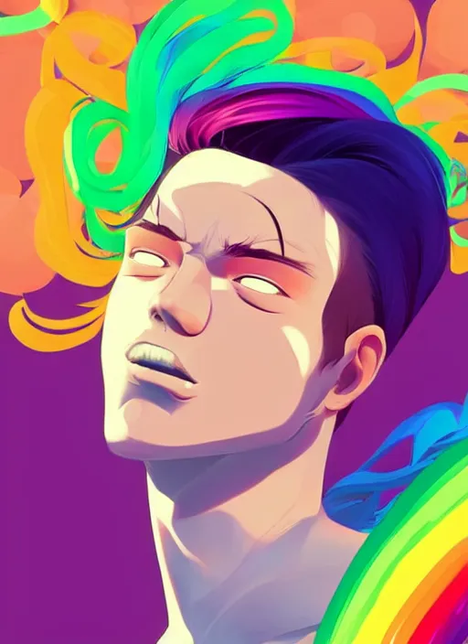 Prompt: a young man with beautiful rainbow hair. he looks very angry. clean cel shaded vector art. shutterstock. behance hd by lois van baarle, artgerm, helen huang, by makoto shinkai and ilya kuvshinov, rossdraws, illustration, art by ilya kuvshinov