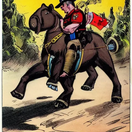 Prompt: comic book drawing of a canadian mountie riding a giant fat hippo by simon bisley and jack kirby