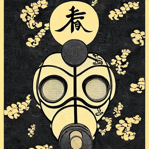 Image similar to Gas mask in Ukiyo-e style, haunting + insanely detailed and intricate, movie poster style,
