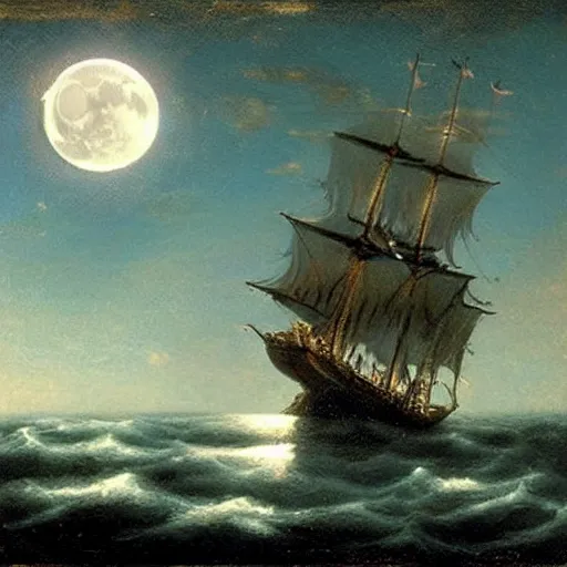 Prompt: moonlit ocean, stars in sky, pirate ship flying in the sky by peter balke