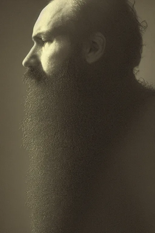 Image similar to a man's face in profile, long beard, made of the cosmos, in the style of the Dutch masters and Gregory crewdson, dark and moody