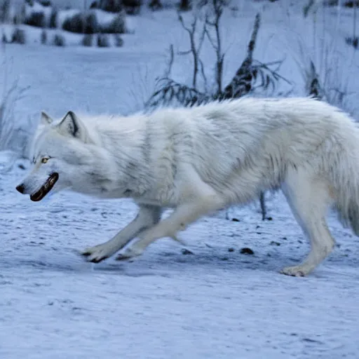 Prompt: a white wolf challenges the pack leader , moonlight.