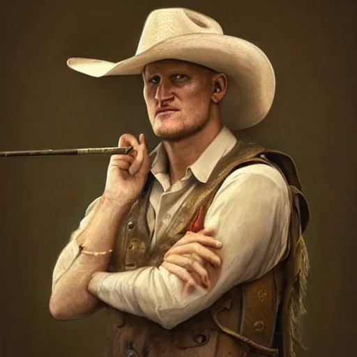 Image similar to portrait painting of smirk woody harrelson, with a cowboy hat and bloody golf club, ultra realistic, concept art, intricate details, eerie, highly detailed, photorealistic, octane render, 8 k, unreal engine. art by artgerm and greg rutkowski and alphonse mucha