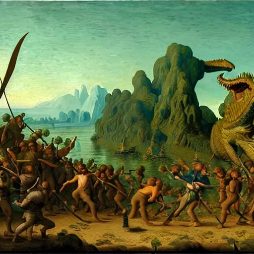 Prompt: A green scaly dinosaur fighting with several realistic detailed cavemen armed with spears, coarse canvas, visible brushstrokes, intricate, extremely detailed painting by Jan van Goyen