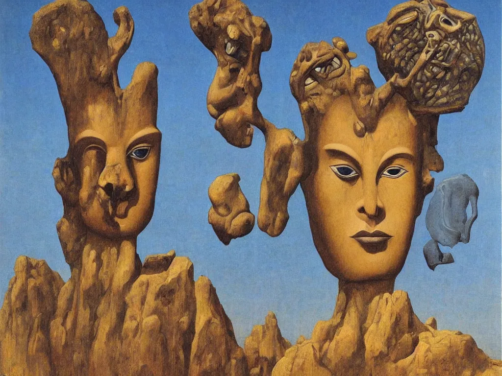 Image similar to African god mask, sculpture, giant, blue eyed, looking from the needle. Boulders of marbled rocks. Painting by Rene Magritte, Jean Delville, Max Ernst, Maria Sybilla Merian, Alfred Kubin