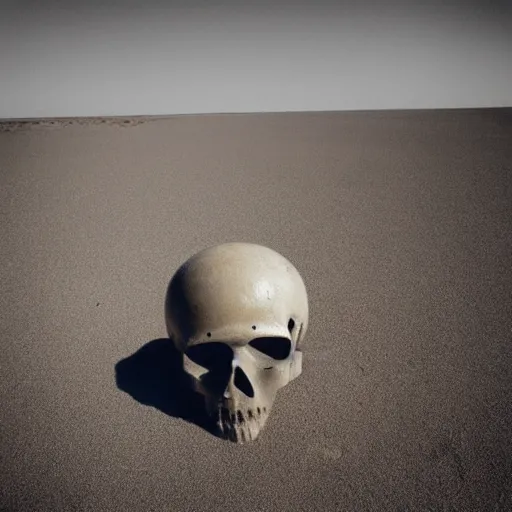 Prompt: “skull in a astronaut helmet half buried in the sand by Edward hopper”