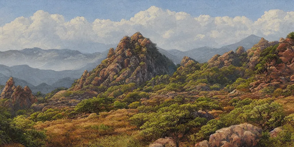 Image similar to grand landscape of rocky hills, art by kotaro chiba