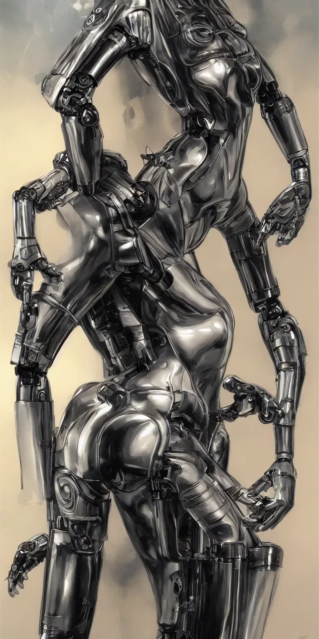 Prompt: beauty Blade Runner woman, robotic, cyberpunk, trending on artstation, by Hajime Sorayama and Boris Vallejo