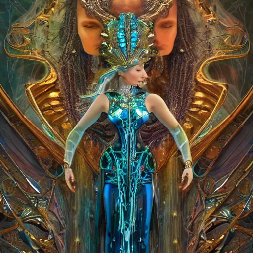 Prompt: artstation, intricate details, hyper details, by gaston bussiere, by sandro botticelli, wearing labradorite veils, wearing cybernetic crown, futuristic web witch, sumerian mystic lady of elche, egyptian techno mystic intergalactica electronic music artist, wearing labradorite armor with aqua neon rapunzel dreadlocks,