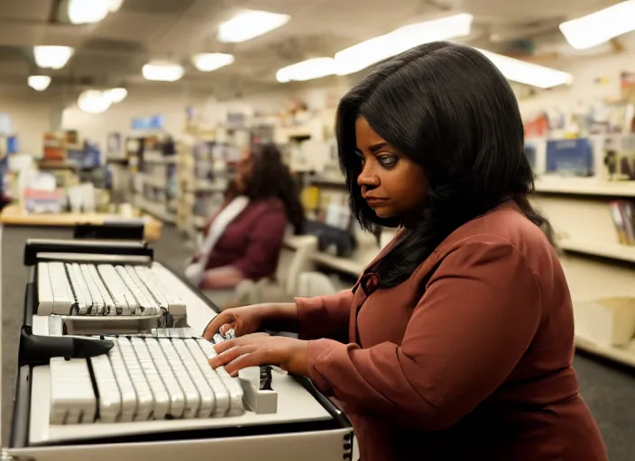 Prompt: cinematic shot of octavia spencer in an small used electronics store hands on an old electronic keyboard, iconic scene from the paranoid thriller sci fi film directed by pt anderson, anamorphic lensesy, beautiful composition, moody cinematography, overhead lighting, color theory, leading lines, photorealistic, volumetric lighting, hyper detailed 4 k image,