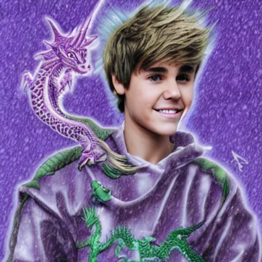 Image similar to super - detailed justin bieber riding a purple dragon in a storm, ultrarealistic, highly detailed, soft colors