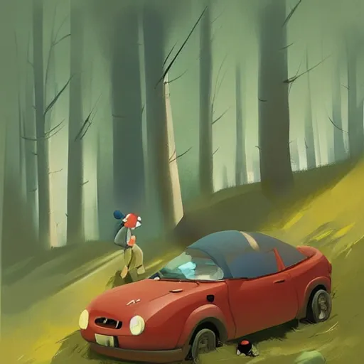 Image similar to goro fujita ilustration hikers parking the car in the forest, painting by goro fujita, sharp focus, highly detailed, artstation