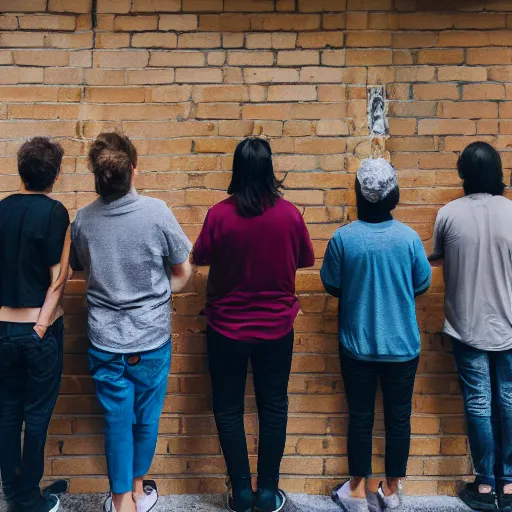 Prompt: people line up in front of wall facing the camera