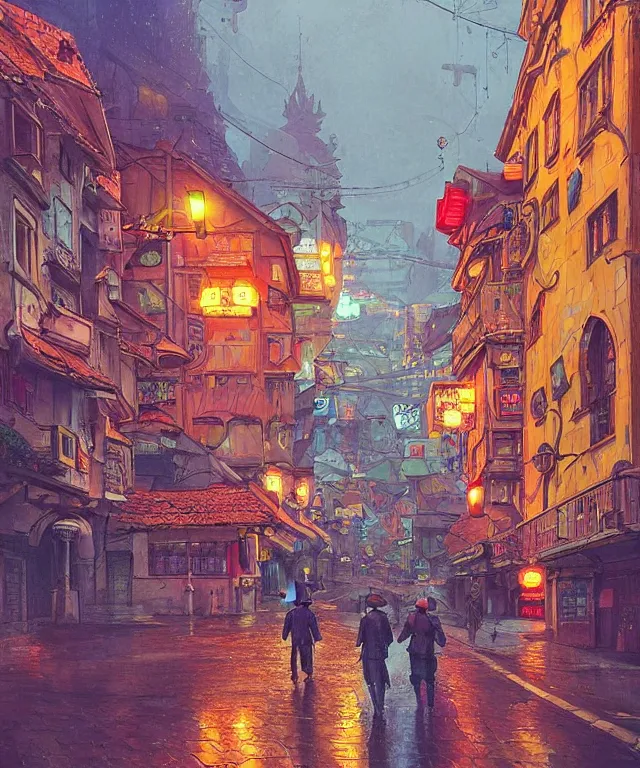 Image similar to insane perspective of colorful street vue from cyberpunk prague, intricate details, realistic shaded , humid ground, highly detailed, artstation, painting by François Schuiten and moebius, disney fantasy style, people and creatures walking, volumetric light, neon lights, rainy mood