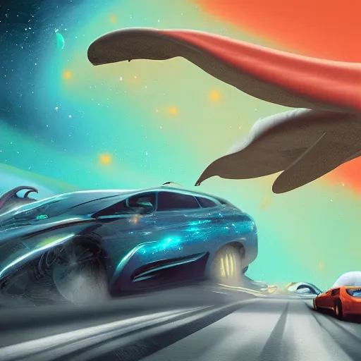 Prompt: space whales driving cars, 4 k, digital illustration,