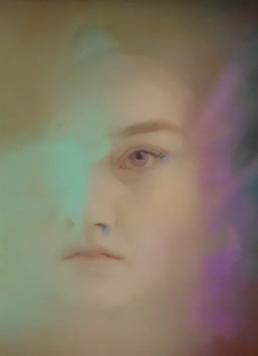 Image similar to out of focus photorealistic portrait of elle fanning by sarah moon, very blurry, translucent white skin, closed eyes, foggy, violet and aqua neon lights